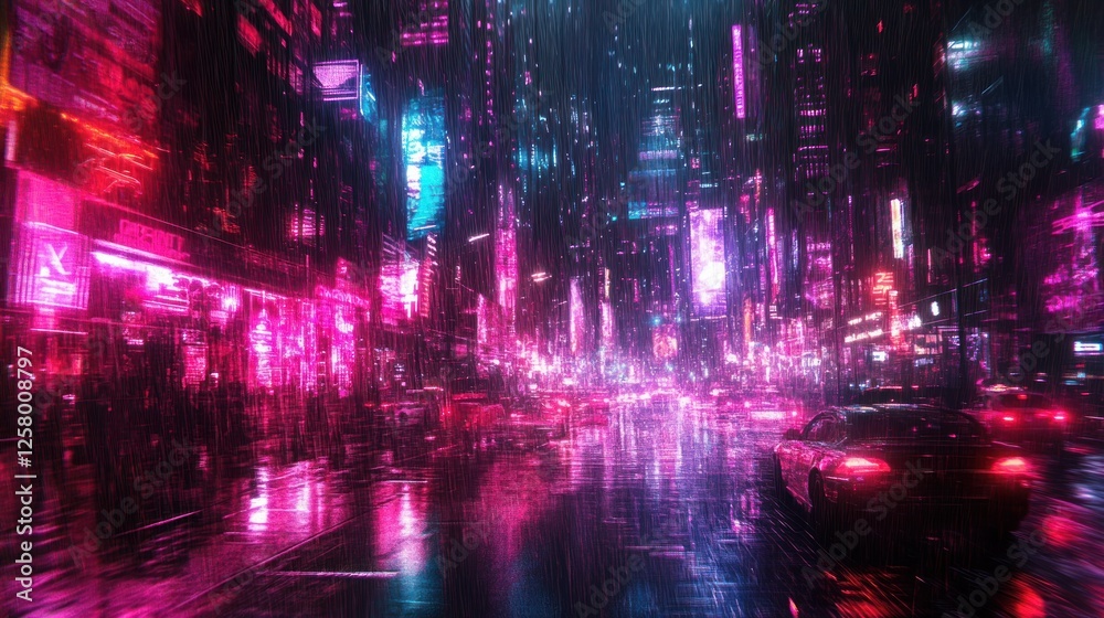 Glowing neon cyberpunk city street view with abstract digital rain effects, vibrant holograms and futuristic city atmosphere, background wallpaper AI generated image Glowing neon cyberpunk city street view with abstract digital rain effects, vibrant holograms and futuristic city atmosphere, background wallpaper AI generated image