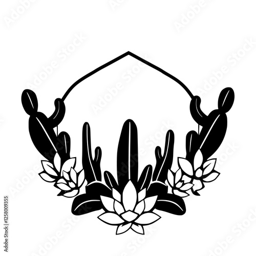 Black and white, minimal, stylized depiction of a floral arrangement with an open-ended frame.