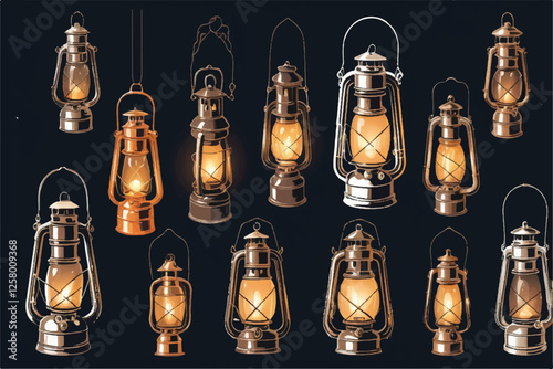 old kerosene lanterns set isolated on white background 