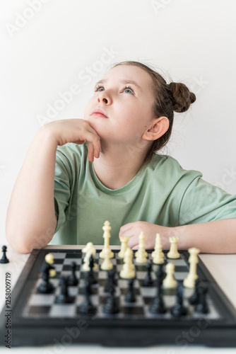 Cute little girl sitting in front of a chessboard with a cunning look. Selected focus.