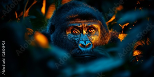Gorilla in the rainforest gazing intensely through the foliage during dusk