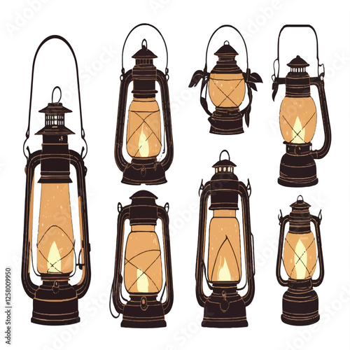 old kerosene lanterns set isolated on white background 
