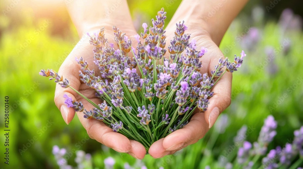 Friendly Medicinal Plants. Fresh lavender held gently in hands against a lush green background. Friendly Medicinal Plants. Fresh lavender held gently in hands against a lush green background.
