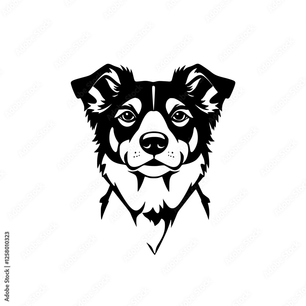 Fototapeta premium Black and white silhouette of a Border Collie's face, detailed outline, minimalist style, clean lines, high contrast.