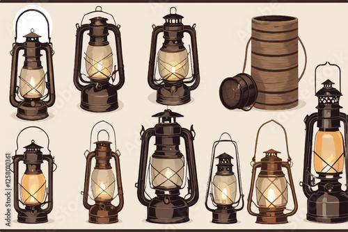 old kerosene lanterns set isolated on white background 