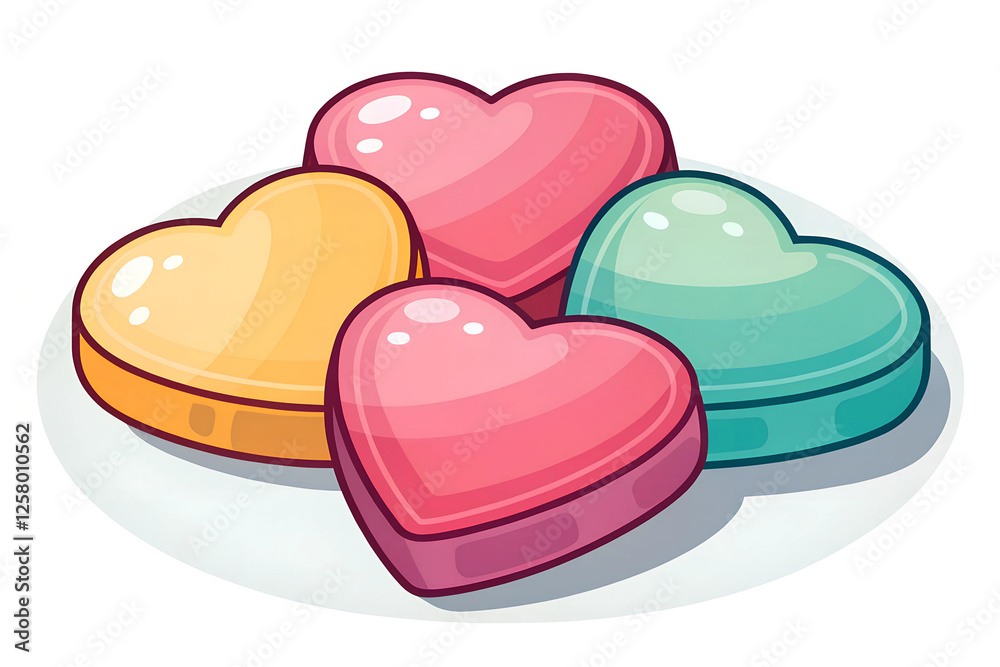 Four heart-shaped candies in different colors are on a white plate.
Four heart-shaped candies in different colors are on a white plate.