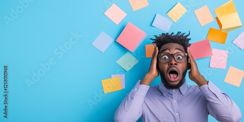 Man in glasses holding head in shock, colorful sticky notes in background, overwhelmed with tasks, productivity chaos, business stress, information overload, multitasking struggle.
