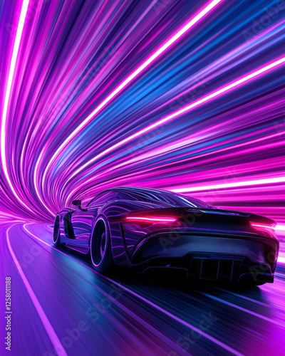 A high-energy wide shot of the neon tunnel swirling with color as the futuristic sports car speeds