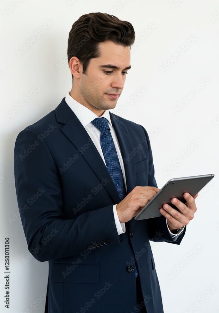 Photo of business manager good and positive mood holding digital e-book tablet reading company report formal wear shirt blazer luxury suit white color background Photo of business manager good and positive mood holding digital e-book tablet reading company report formal wear shirt blazer luxury suit white color background