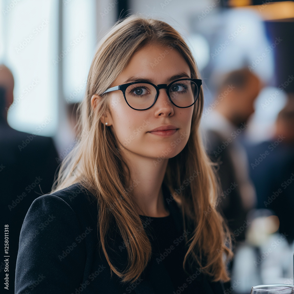 Professional networking event young businesswoman engaged in conversation modern office setting indoor environment engaging perspective Professional networking event young businesswoman engaged in conversation modern office setting indoor environment engaging perspective