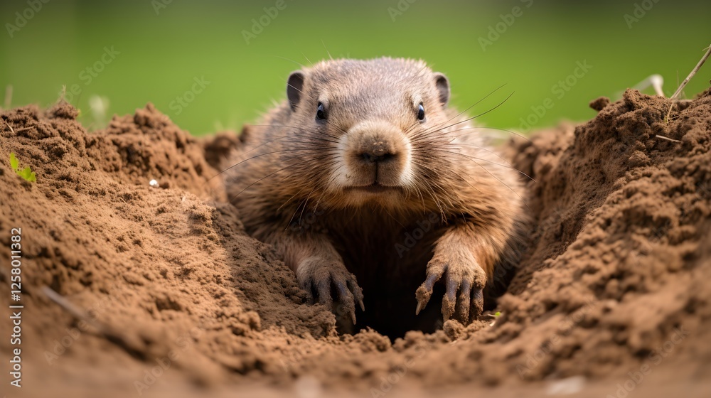 Curious Marmot Emerging from Burrow Groundhog in Hole Wildlife Close Up Curious Marmot Emerging from Burrow Groundhog in Hole Wildlife Close Up