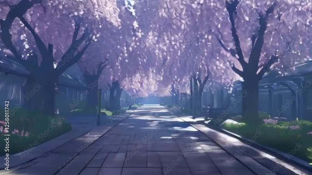 2 rows of beautiful abstract blooming trees over empty park path in urban scenery