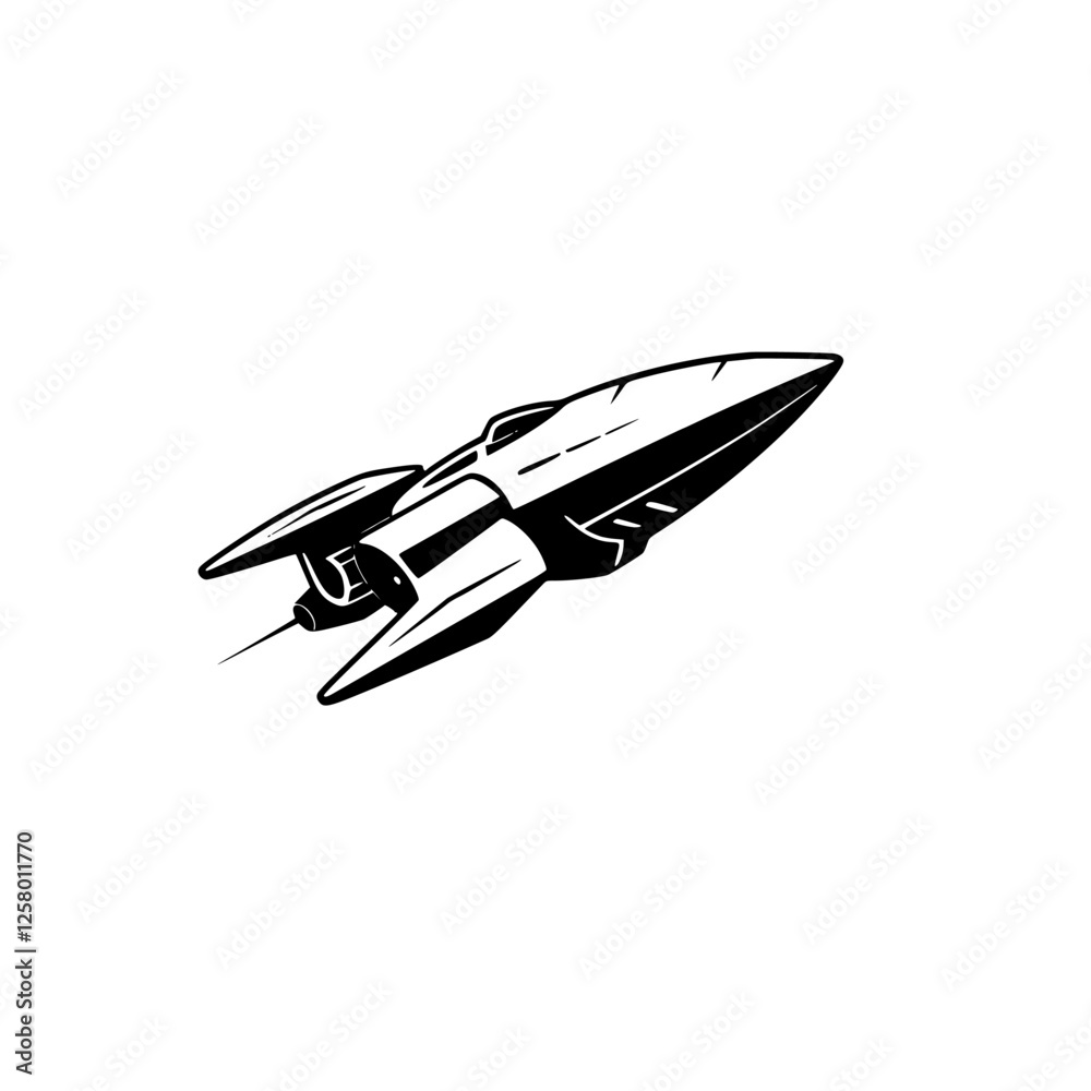 Black and White Spaceship Vector Illustration: Minimalist, Futuristic Spaceship Against White.