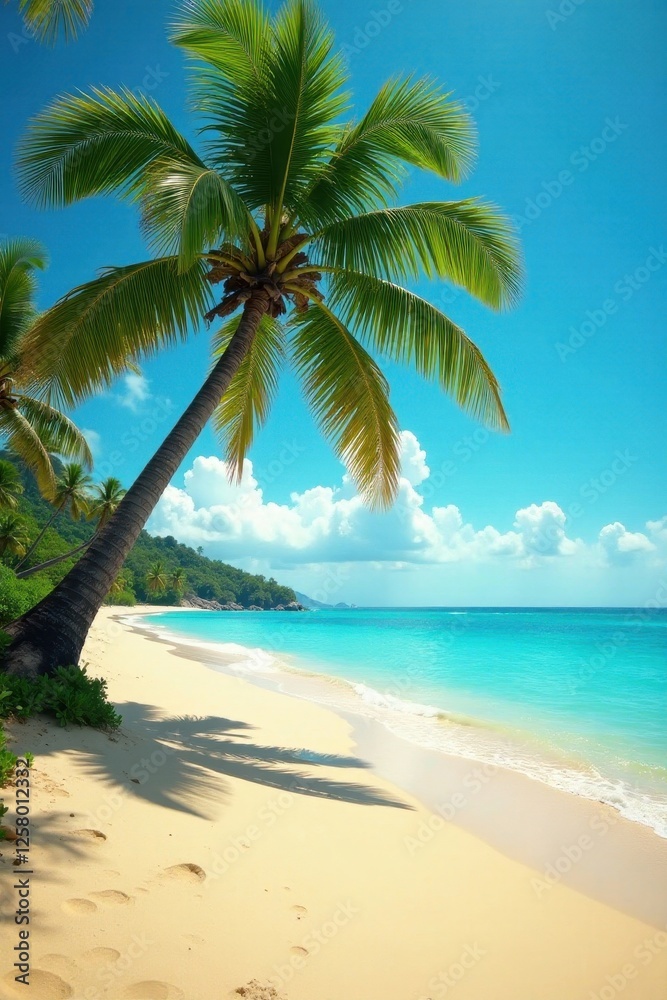 Fototapeta premium Golden sand, swaying palm, azure sky, tranquil scene, idyllic, bright, vacation