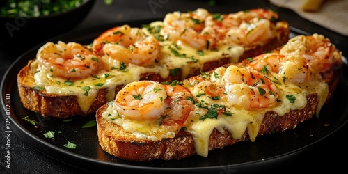 Shrimp toasts served with fresh tomato salsa and melted cheese. A delicious appetizer or light meal option. photo