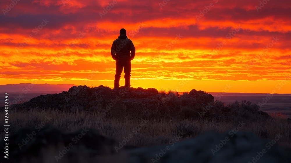 Fototapeta premium Scenic sunset view of a silhouetted man on a mountaintop nature landscape majestic environment