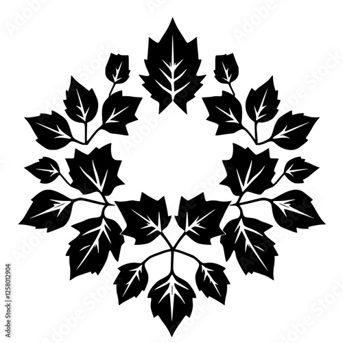 Black and white leaf arrangement of symmetrical leaves in a circular formation on white background.