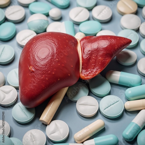 An illustration displaying human liver anatomy against a backdrop of medicine pills