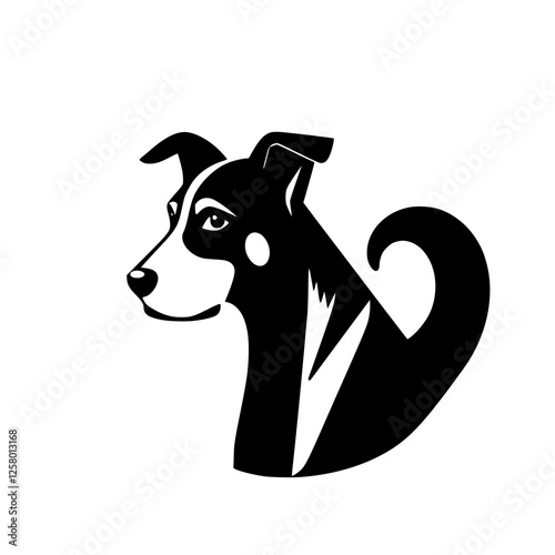 Vectorized Black and White Dog Portrait with a Curly Tail.