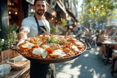 Wallpaper Mural Street food restaurant waiter holding freshly cooked paella. Generative AI Torontodigital.ca