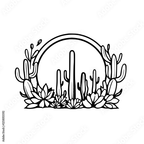 Cactus Silhouette: Minimalist Desert Scene of Cacti and Succulents, Arching Frame Composition