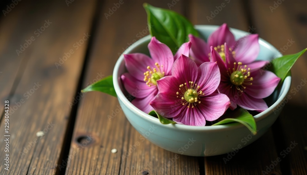 Delicate hellebore flowers in a shallow bowl on a wooden table, table, botanical Delicate hellebore flowers in a shallow bowl on a wooden table, table, botanical