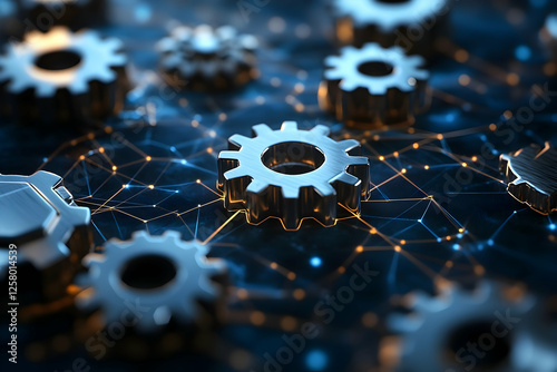Metal gears and digital connections in technology network concept