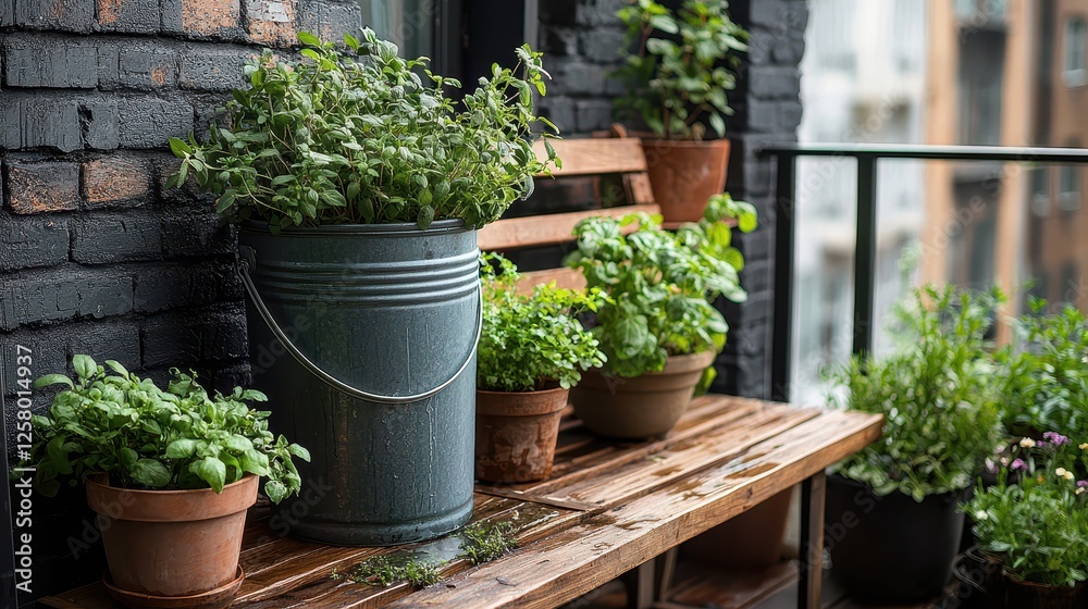 Lush greenery in pots adorns a wooden bench on a balcony, with raindrops glistening on the plants.