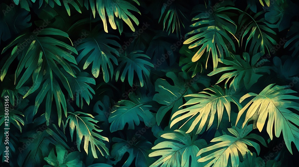 Fototapeta premium Lush green foliage thrives under dappled sunlight creating a serene tropical ambiance. AI Generated