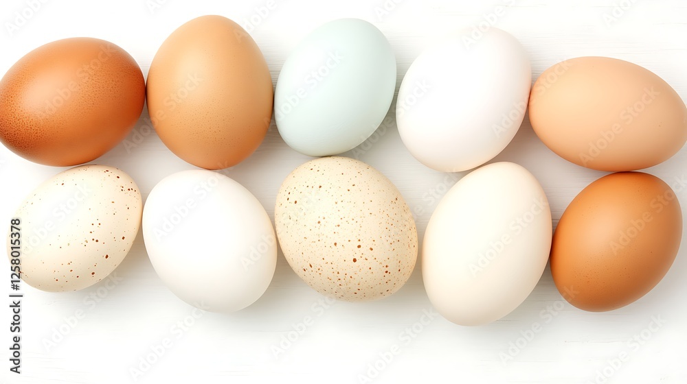 Assorted Chicken Eggs from Various Breeds in Natural Colors with Spotty Speckled Eggshell Patterns