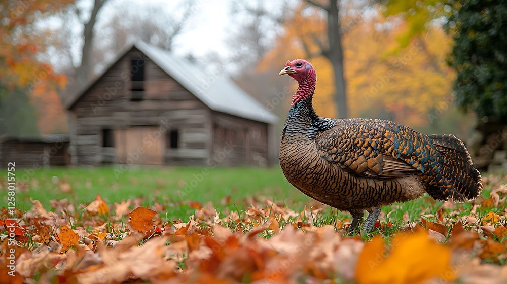 Turkey in a grassy farmyard surrounded by autumn leaves a rustic barn visible in the background Turkey in a grassy farmyard surrounded by autumn leaves a rustic barn visible in the background
