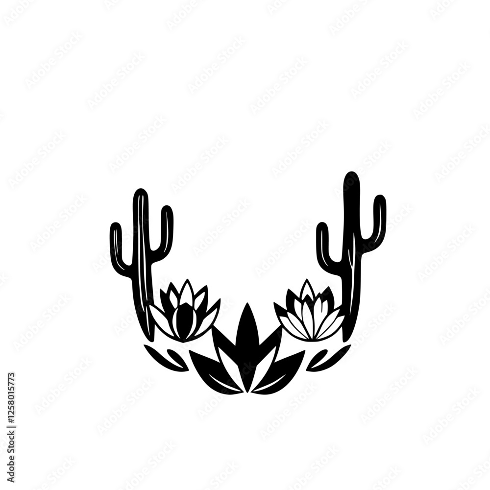 Obraz premium Cactus, water lilies, and other plant leaves are depicted in a black and white way with the cactus in each side.