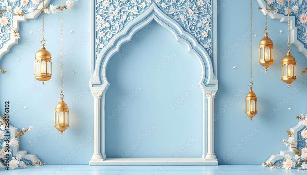 A beautifully designed Ramadan Kareem invitation card with a dark green background, glowing golden lanterns, and symmetrical floral motifs. The central blank space allows for inserting quotes, prayers