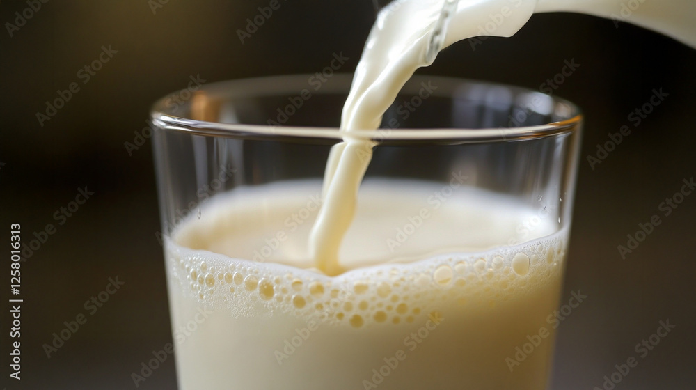 Creamy yogurt is poured into a clear glass, showcasing its smooth texture and rich color in a modern kitchen setting Creamy yogurt is poured into a clear glass, showcasing its smooth texture and rich color in a modern kitchen setting