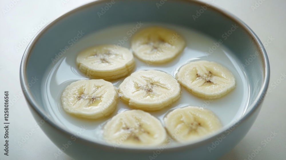 Delicious sliced bananas in milk kitchen table food photography bright lighting close-up healthy breakfast idea Delicious sliced bananas in milk kitchen table food photography bright lighting close-up healthy breakfast idea