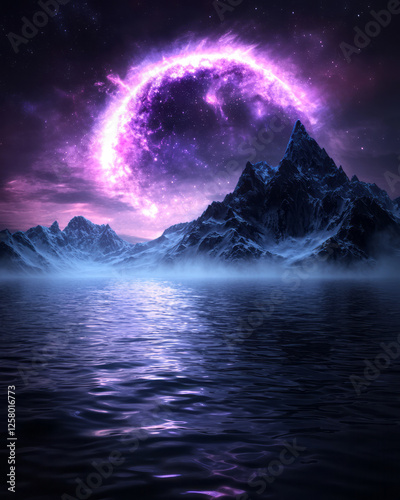 A cinematic composition focusing on the interplay of cascading water, gently shimmering night fog,