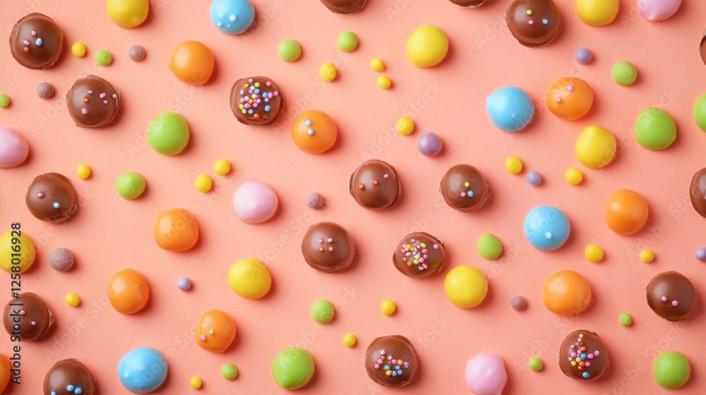 Fototapeta premium Colorful chocolate treats and candy arrangement studio setting food photography bright environment top-down view celebration concept