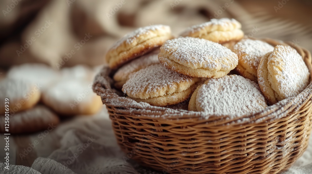 cookies displayed in a woven basket, their golden texture highlighted by the delicate sprinkling of icing sugar and natural light cookies displayed in a woven basket, their golden texture highlighted by the delicate sprinkling of icing sugar and natural light