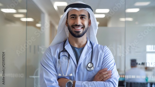 Confident Smiling Arab Male Doctor Healthcare Professional Medical Worker Wearing Traditional Clothing Professional Portrait Studio Shot High Quality Image Modern Clinic Setting Excellent Health      