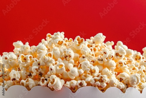 Sweet and salty popcorn in a white bowl with red background. photo