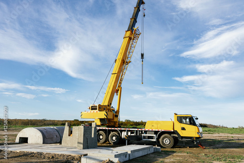 Mobile crane lifting concrete blocks during infrastructure construction under blue sky