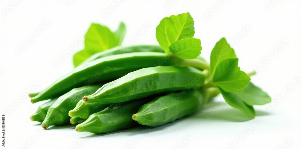 Okra leaves and stems in a bundle against white background, foliage, stem Okra leaves and stems in a bundle against white background, foliage, stem