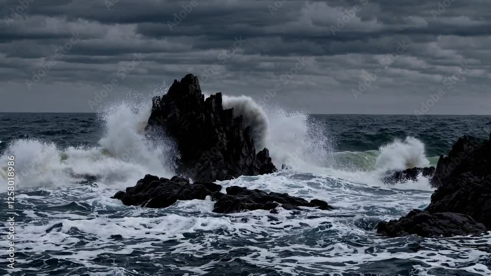 Dramatic video still of crashing waves against jagged rocks under a stormy sky. Captured from a low angle, emphasizing the power of nature. Dramatic video still of crashing waves against jagged rocks under a stormy sky. Captured from a low angle, emphasizing the power of nature.