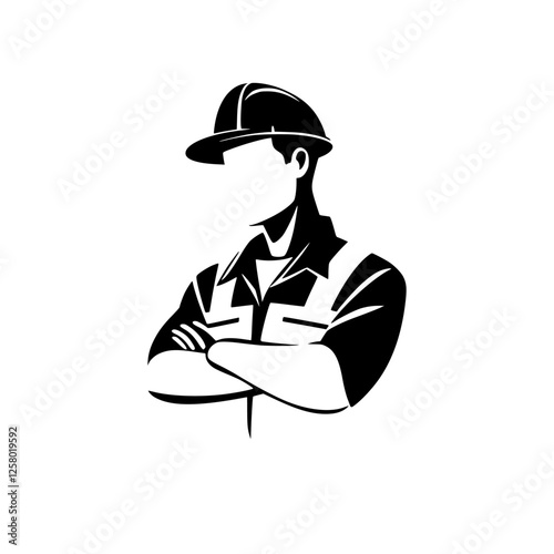 Black and white silhouette of a construction worker with arms crossed, wearing a hard hat.