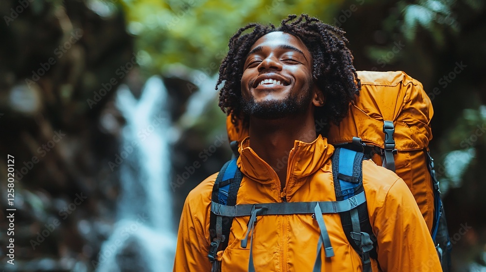 Happy hiker, jungle waterfall, nature, adventure, travel, relaxation, escape, stock photo Happy hiker, jungle waterfall, nature, adventure, travel, relaxation, escape, stock photo