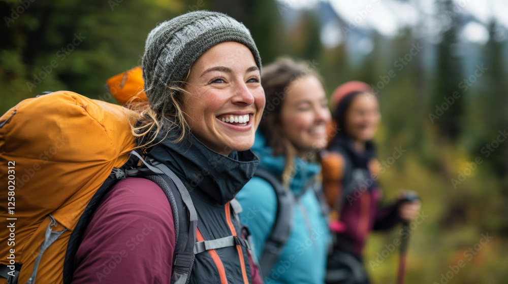 Joyful laughter while hiking in the mountains with friends on a sunny day Joyful laughter while hiking in the mountains with friends on a sunny day