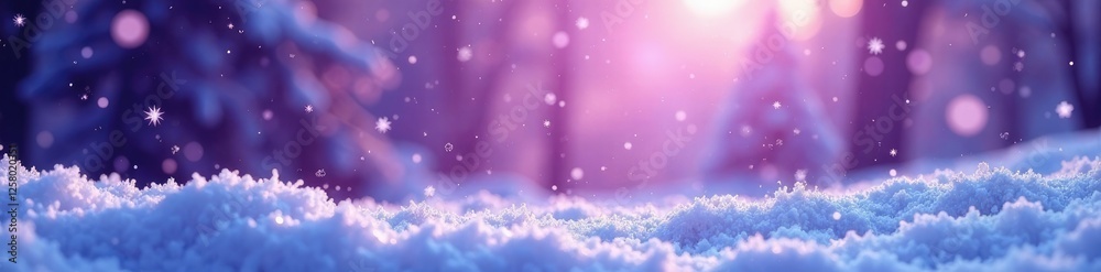 Fototapeta premium Snowflakes gently falling on a purple winter landscape, frosty, cold weather