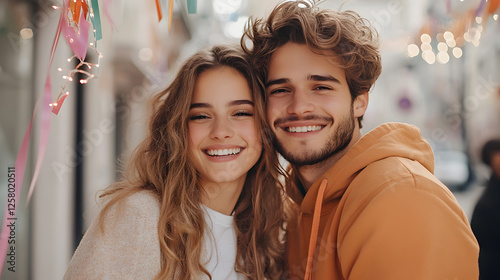 Smiling young couple enjoying a moment together in a colorful and festive setting, surrounded by string lights. Perfect for couple marketing or romantic event promotions. Selective focus photo