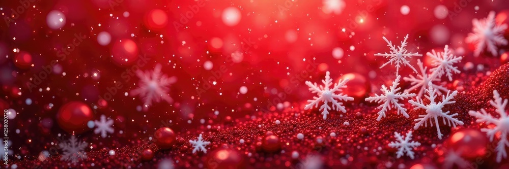 Fototapeta premium Snowflakes of all sizes and shapes fill the snowy red expanse, texture, composition, snowflakes
