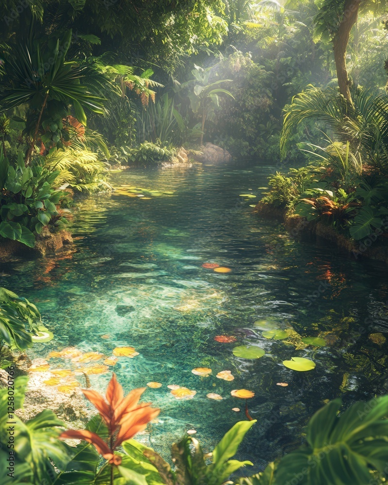 Fototapeta premium Los Lagos, capturing its vibrant, clear water surrounded by abundant vegetation. The sunlight reflects off the water, creating an interplay of light